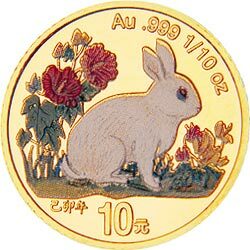 1999中國己卯（兔）年1/10盎司彩色金質紀念幣