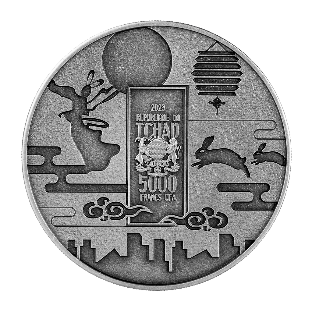 2023年乍得1盎司嫦娥玉兔高浮雕銀幣 - 圖片 2